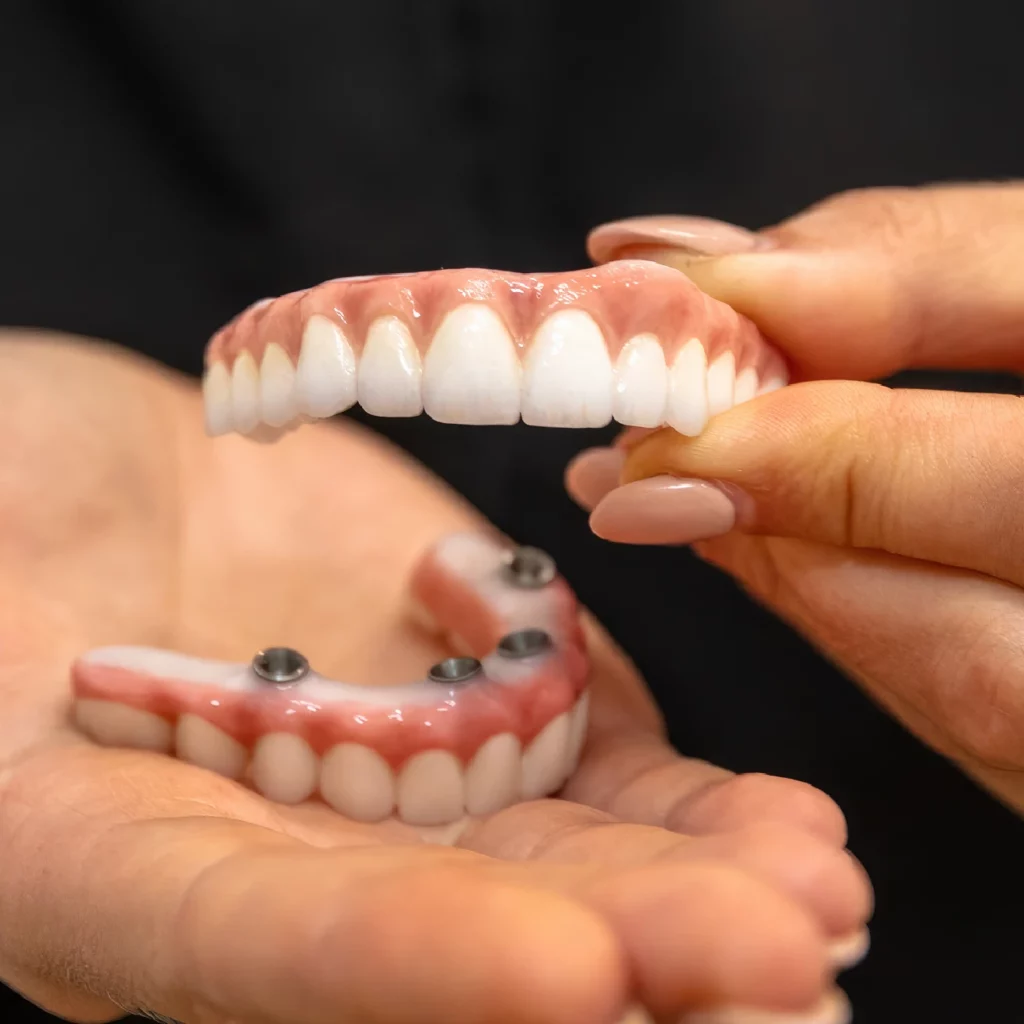 dentist holding all-on-4 dental implant bridges